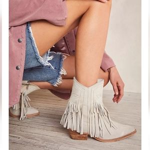 Free People Lawless Fringe Tan Bone Block Heel Western Ankle Side Zip Boot 6/36